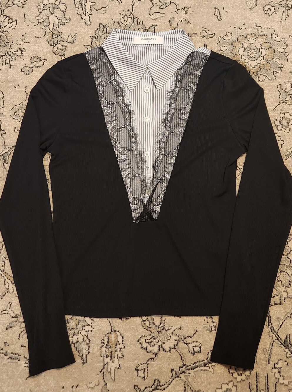 Commense Button-Up Top with Lace Accents
